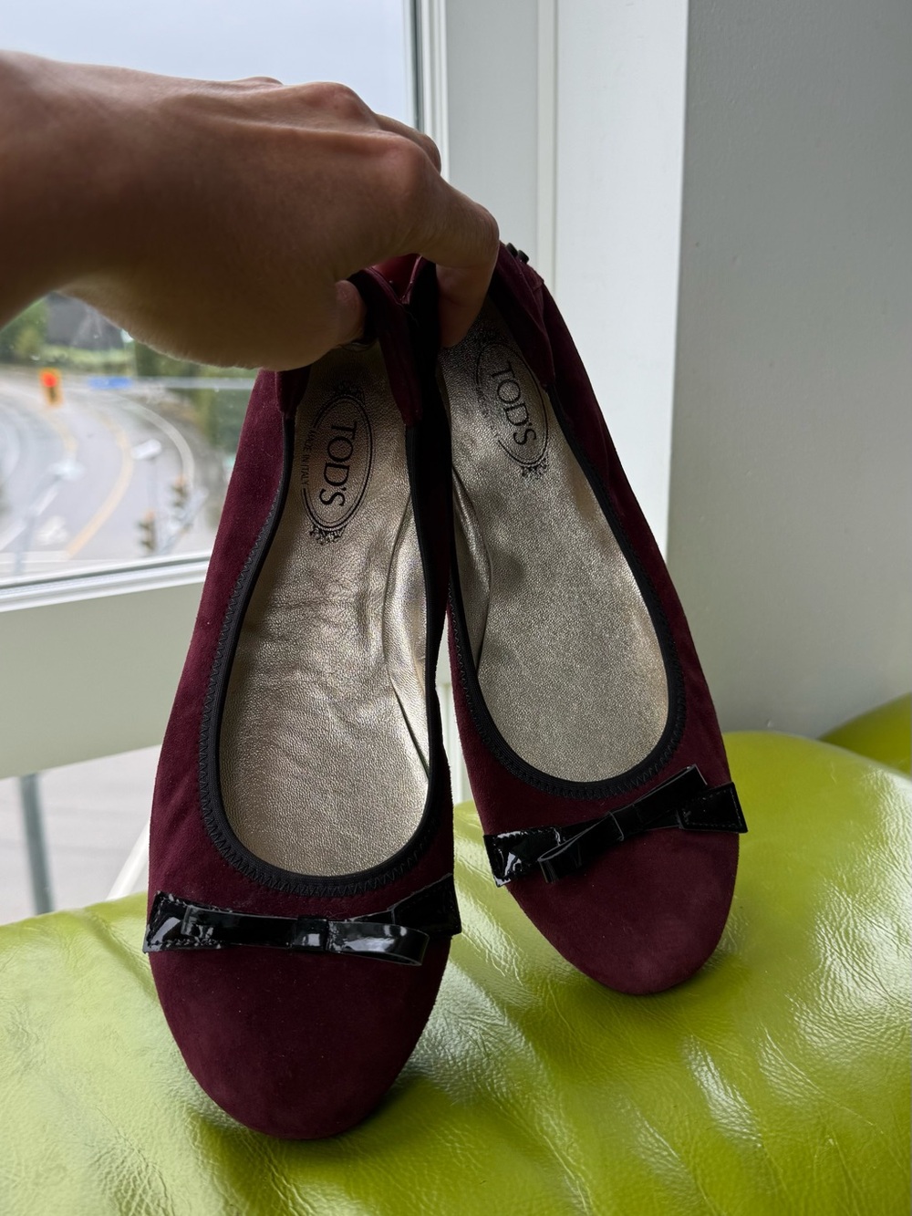 Tod's Burgundy Suede Ballet Flats with Patent Bow Trim